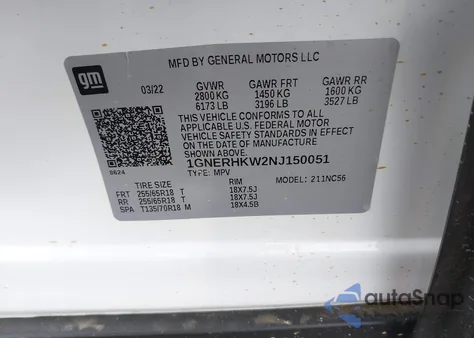 2022 Chevrolet Traverse Fwd Lt Leather from USA, damaged, VIN 1GNERHKW2NJ150051